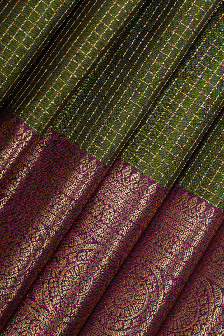 Mehandi green zari checks pure kanchipuram silk saree
