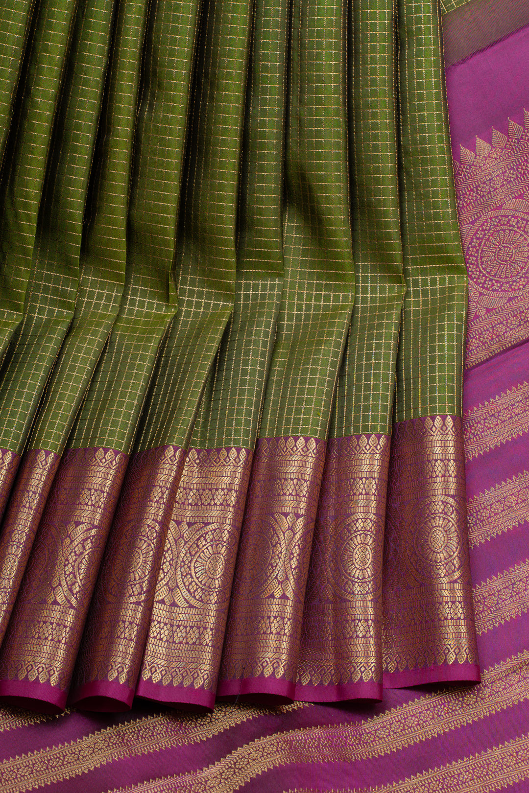 Mehandi green zari checks pure kanchipuram silk saree