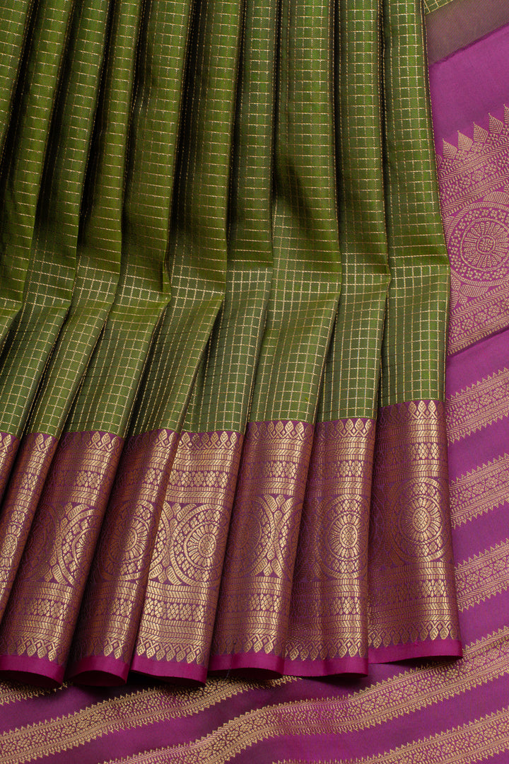 Mehandi green zari checks pure kanchipuram silk saree