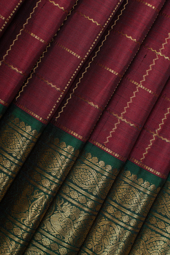 Maroon and green neli checks pure kanchipuram silk saree