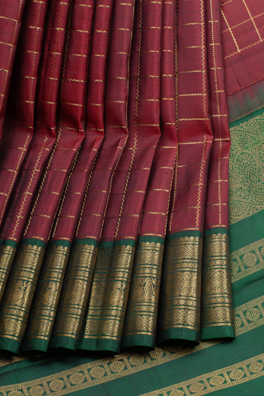 Maroon and green neli checks pure kanchipuram silk saree