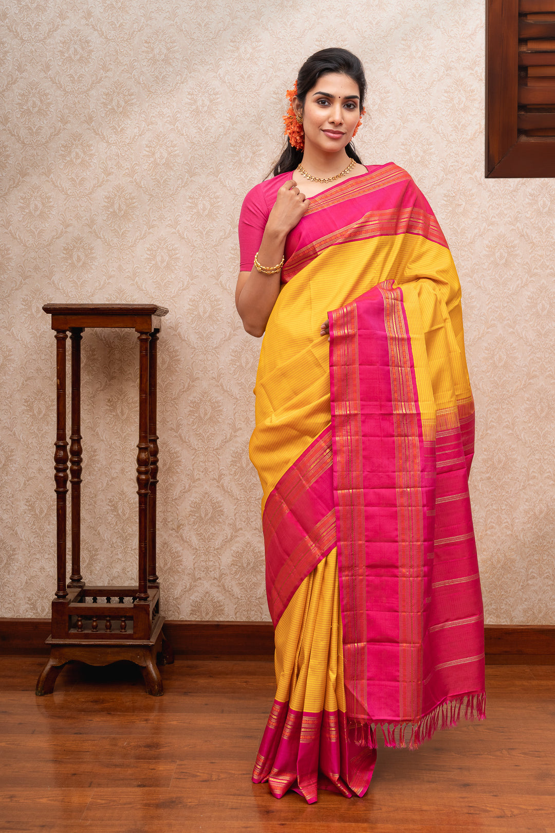 Yellow and pink stripes pure kanchipuram silk saree