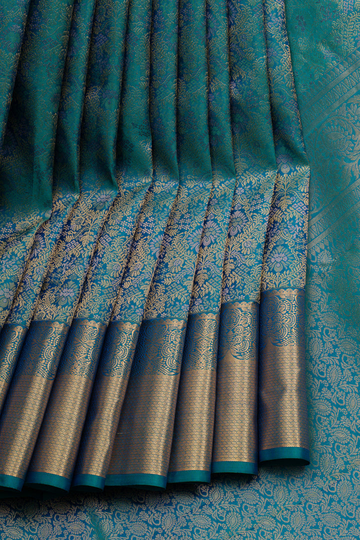 Peacock blue brocade pure kanchipuram silk saree