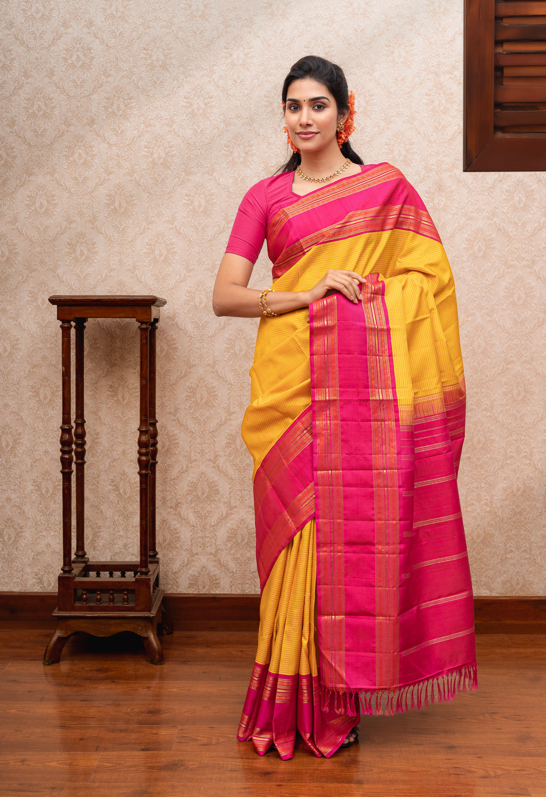 Yellow and pink stripes pure kanchipuram silk saree