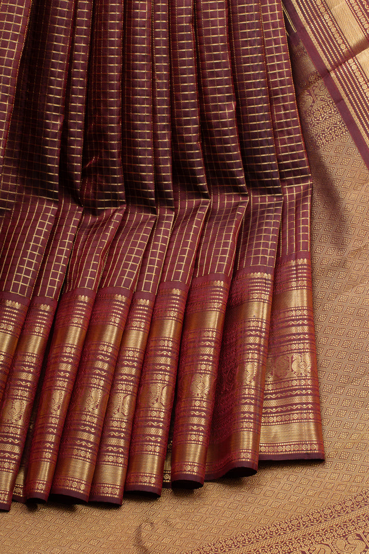 Maroon zari checks pure kanchipuram silk saree