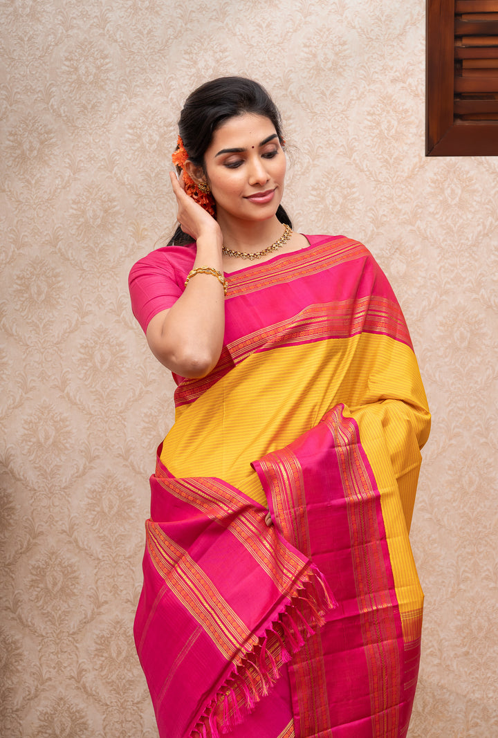 Yellow and pink stripes pure kanchipuram silk saree