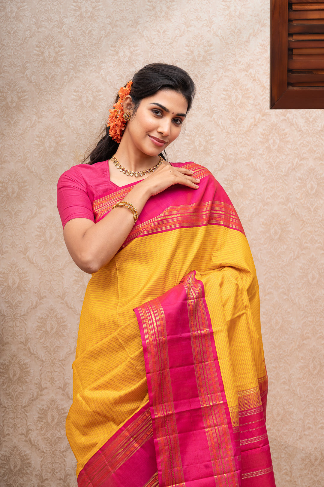 Yellow and pink stripes pure kanchipuram silk saree