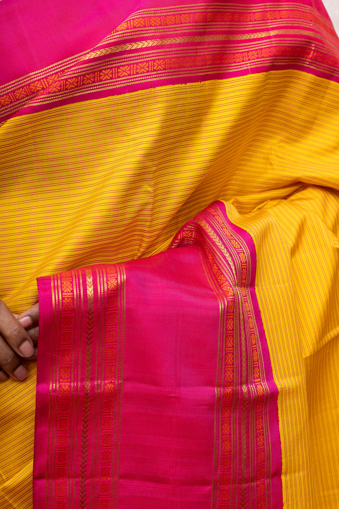 Yellow and pink stripes pure kanchipuram silk saree