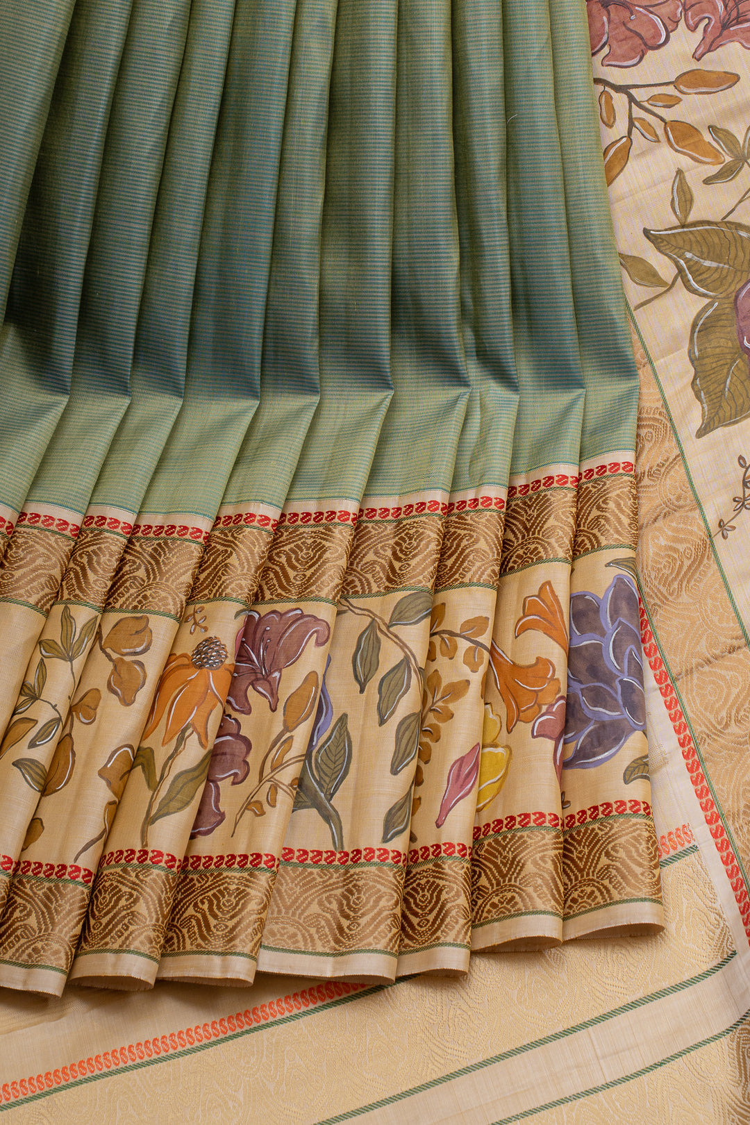 Sage green and Ivory hand painted pure kanchipuram silk saree