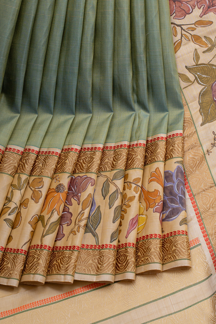 Sage green and Ivory hand painted pure kanchipuram silk saree