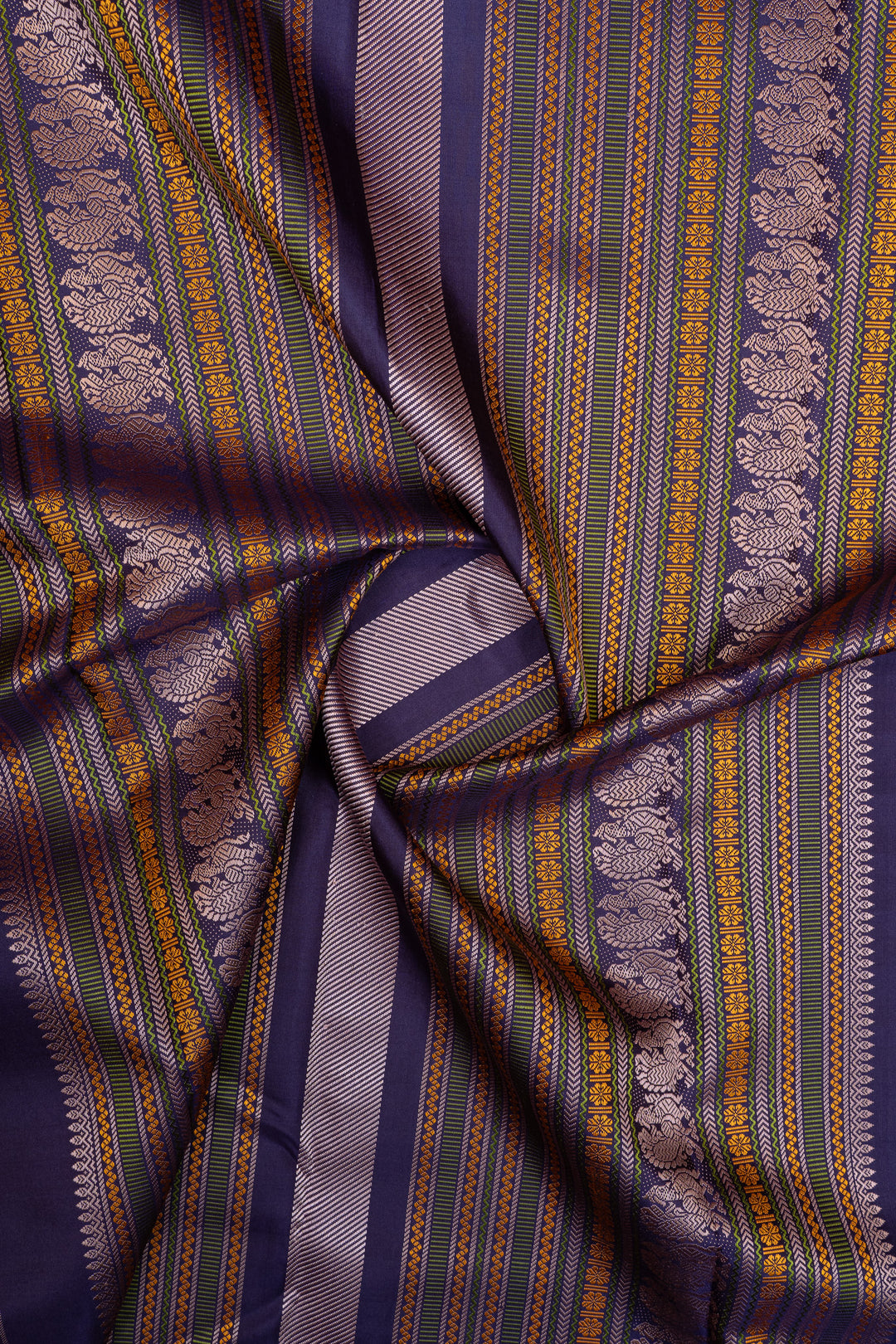 Mustard and purple threadwork pure kanchipuram silk saree