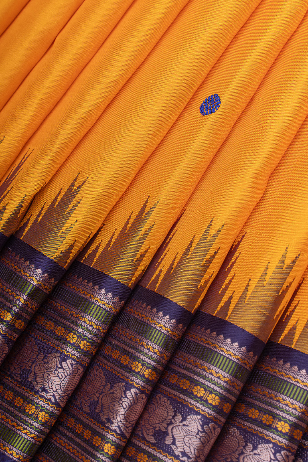 Mustard and purple threadwork pure kanchipuram silk saree