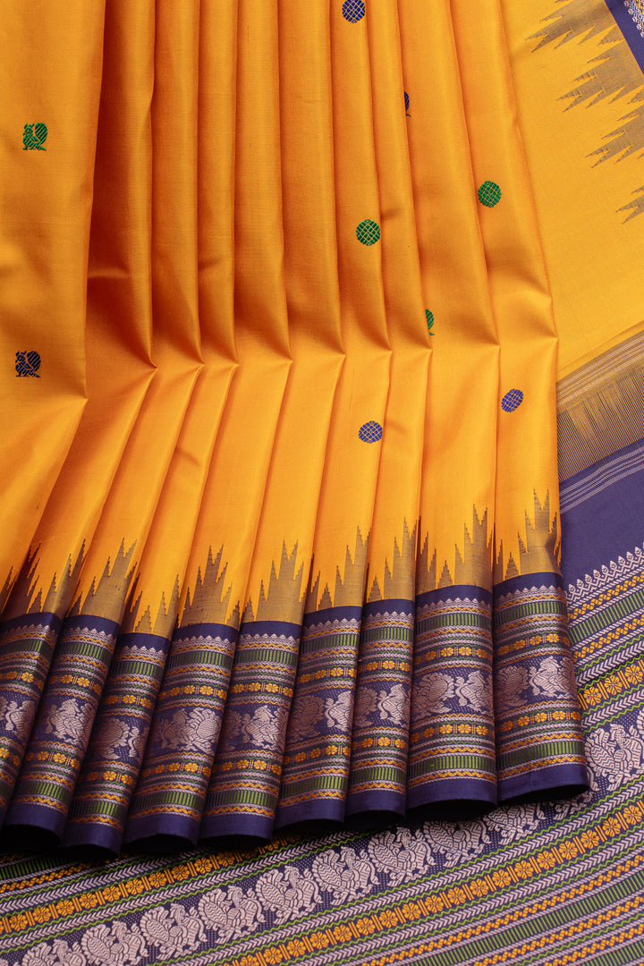 Mustard and purple threadwork pure kanchipuram silk saree