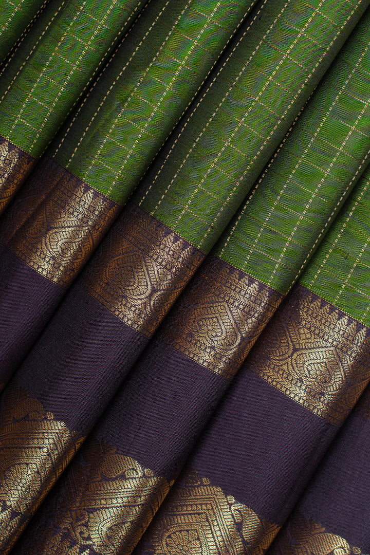 Green and jamun checks  pure kanchipuram silk saree