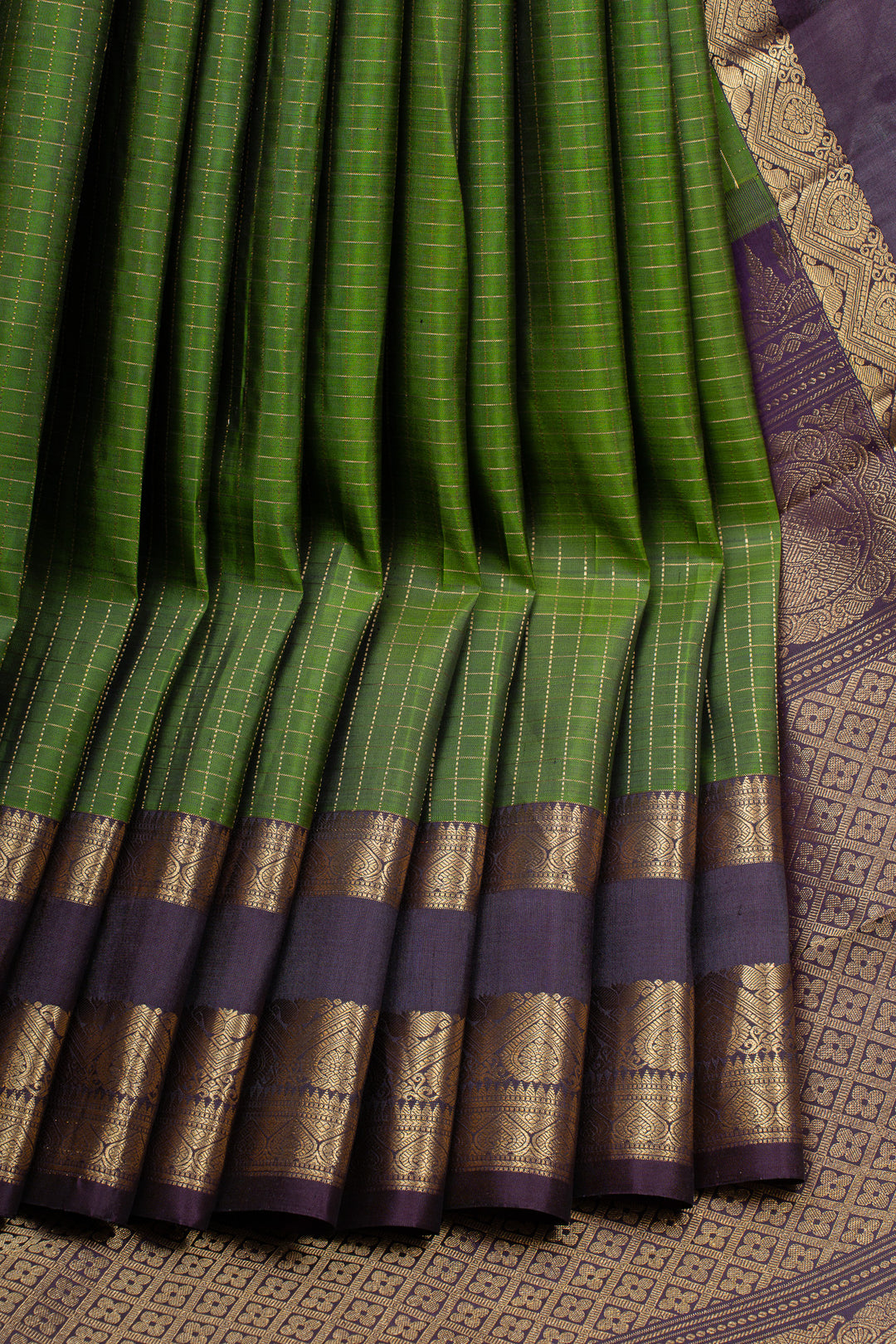 Green and jamun checks  pure kanchipuram silk saree