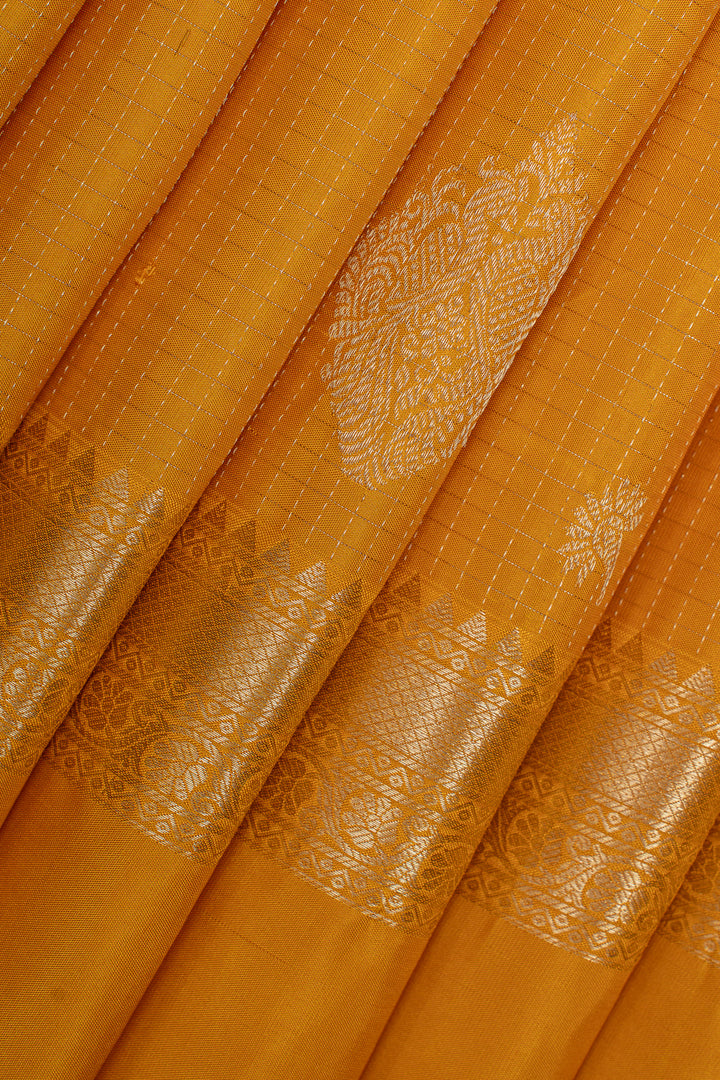 Yellow zari checks pure kanchipuram silk saree