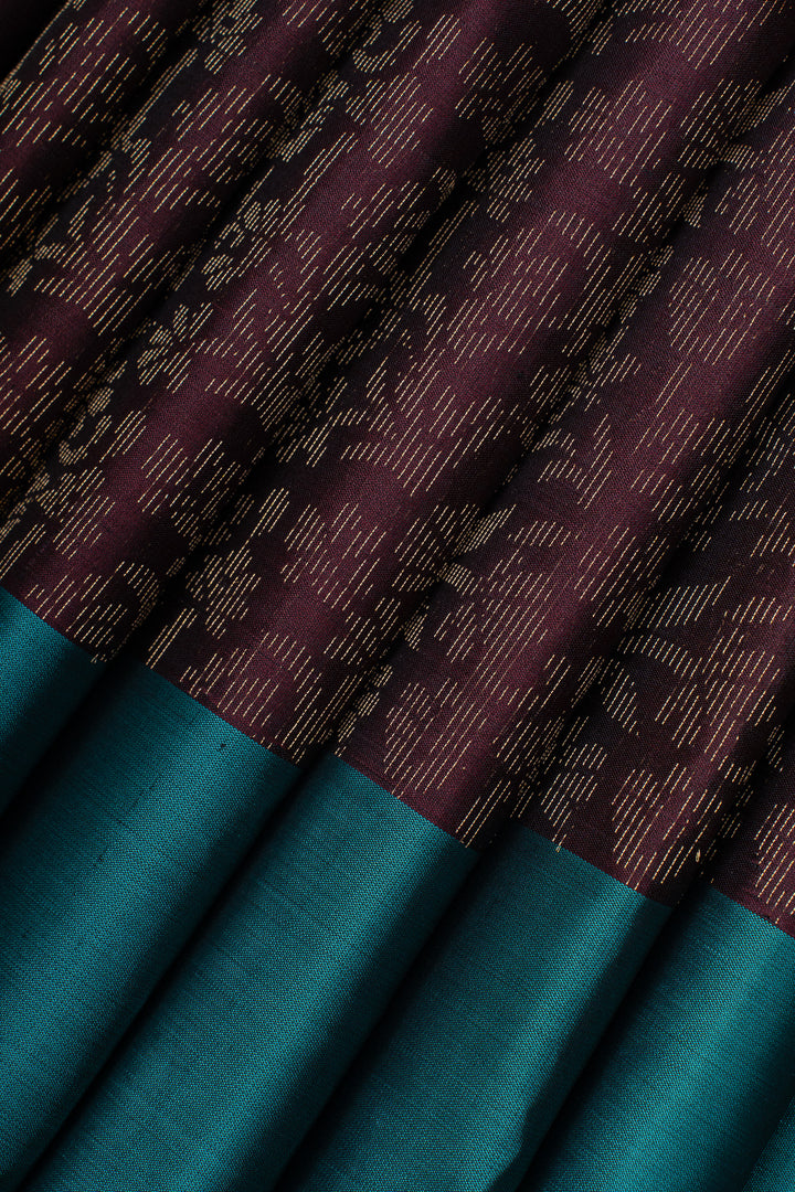Maroon and teal blue floral pure to soft silk saree