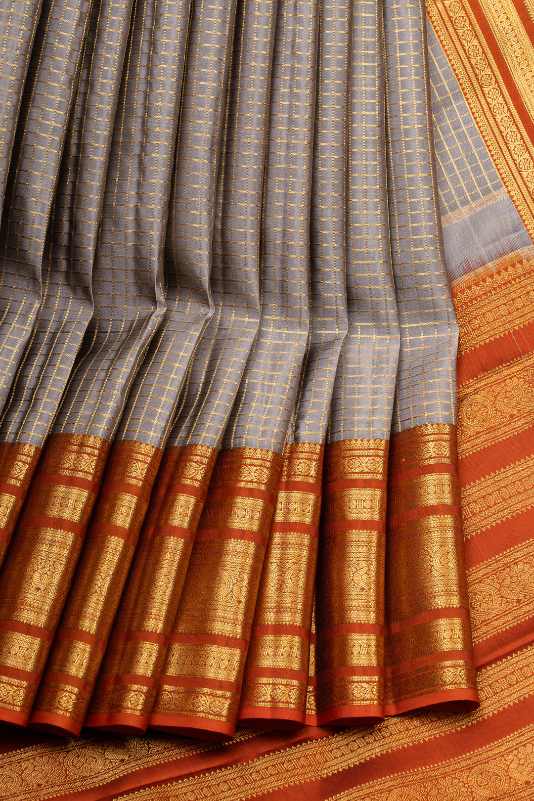 Grey zari checks pure kanchipuram silk saree