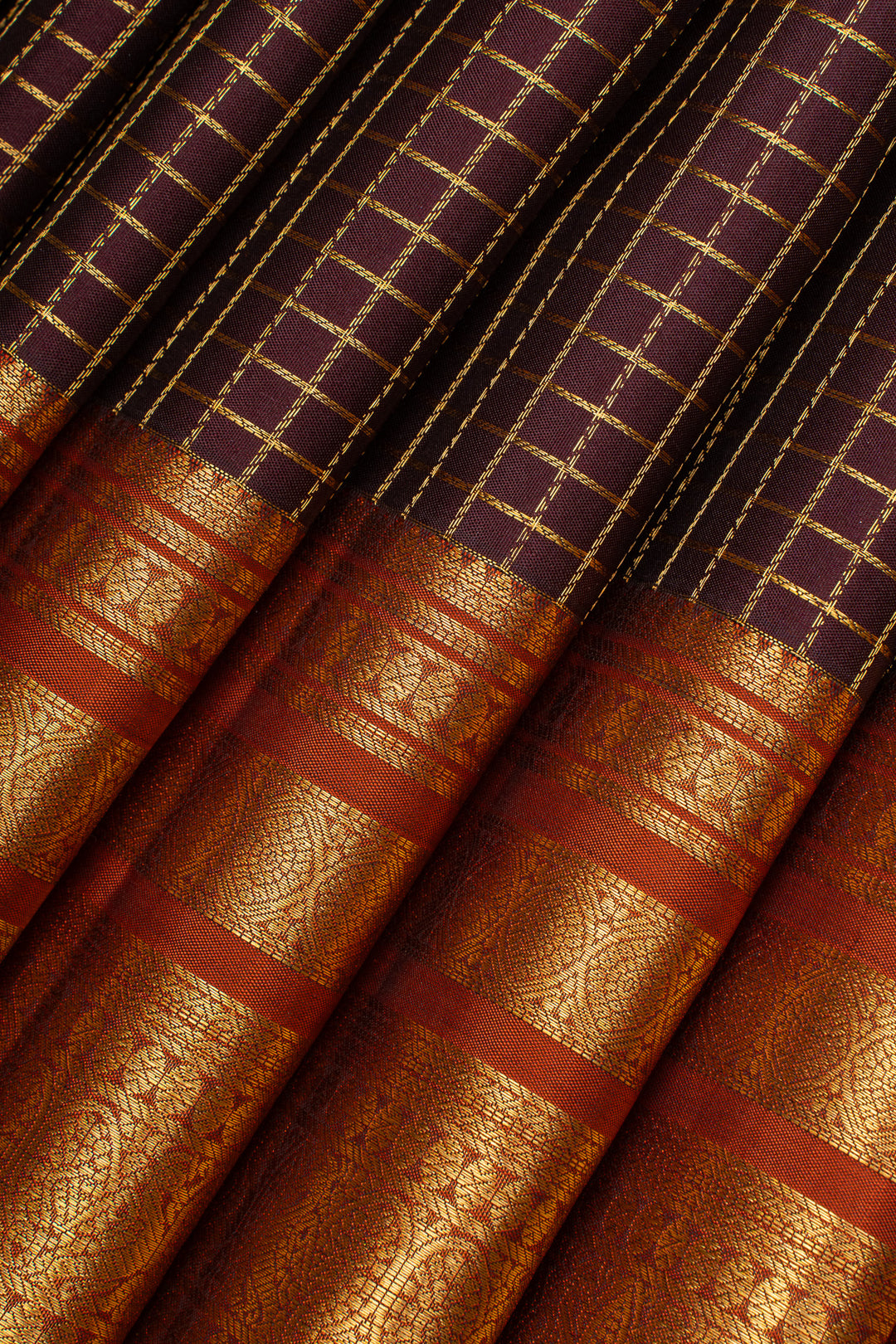 Maroon Zari checks rust orange  pure kanchipuram silk saree