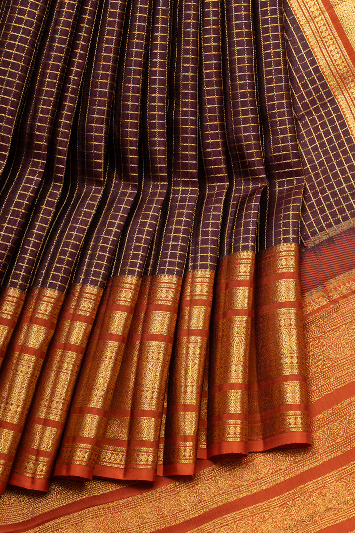 Maroon Zari checks rust orange  pure kanchipuram silk saree