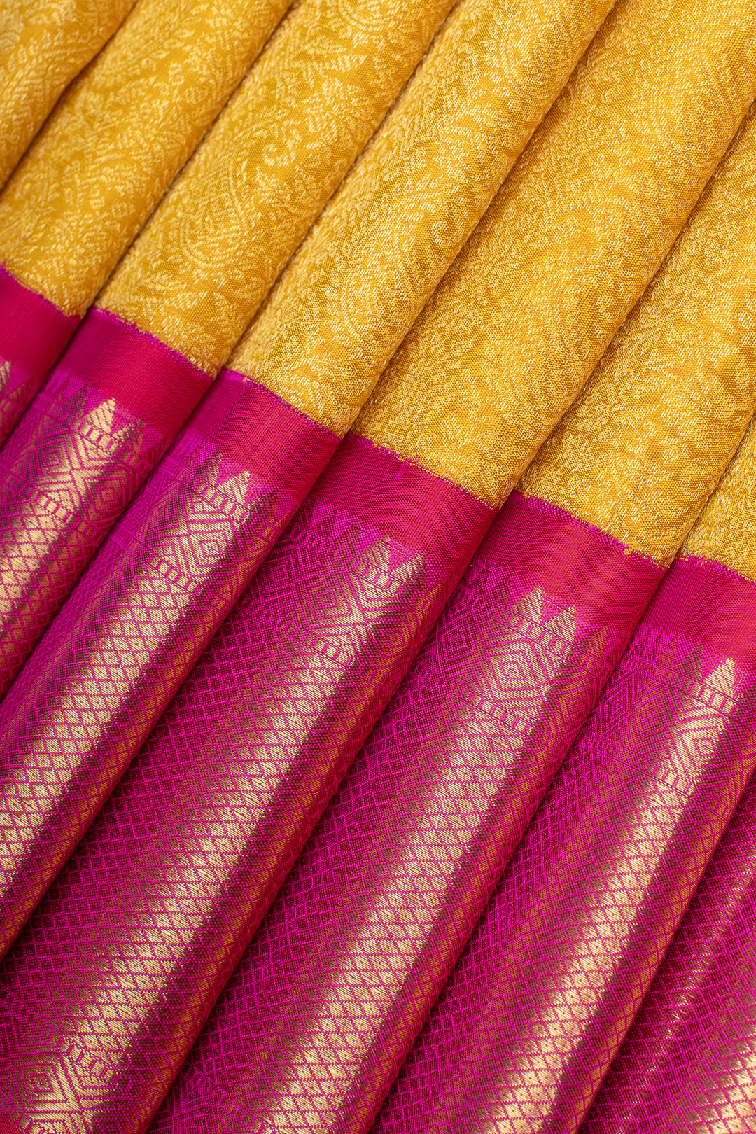 Golden yellow paisley brocade pure kanchipuram silk saree
