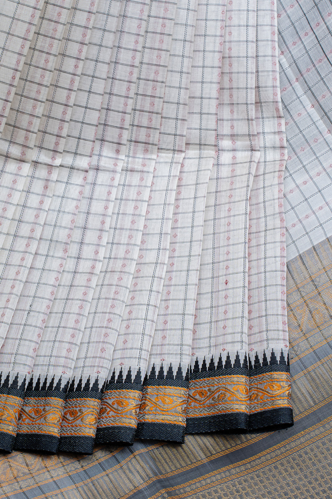 Off white checks pure silk cotton saree