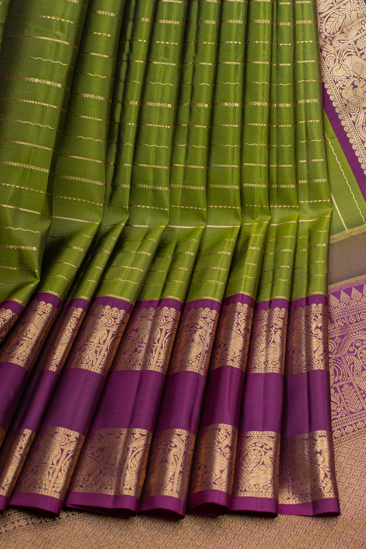 Mehendi green neli stripes pure Kanchipuram silk saree