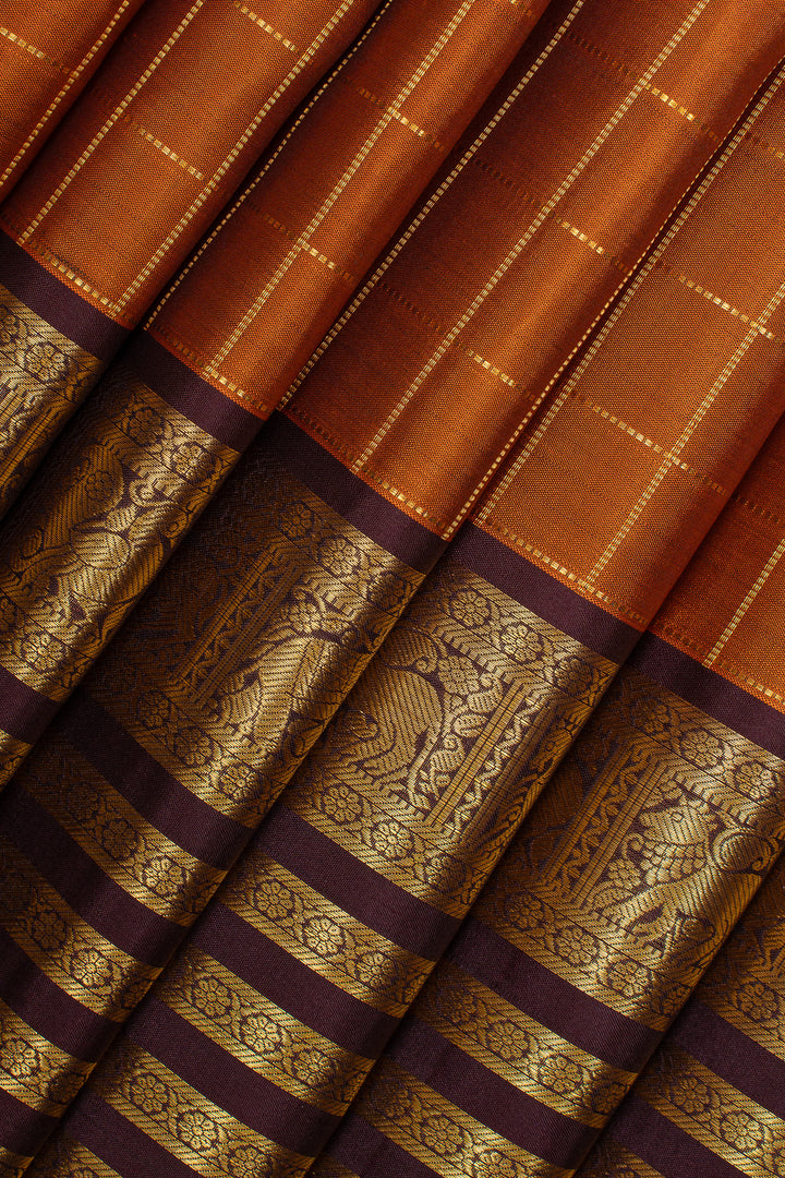 Mustard zari checks pure kanchipuram silk saree