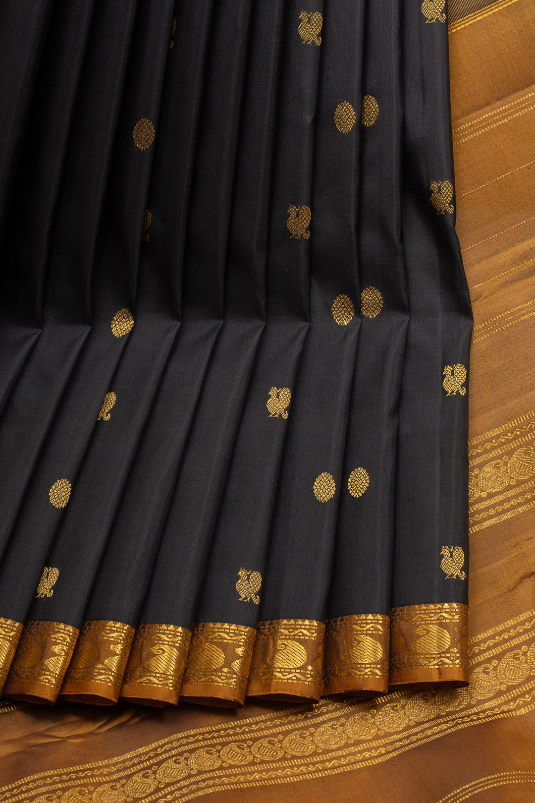 Black and mustard small Border pure kanchipuram silk saree