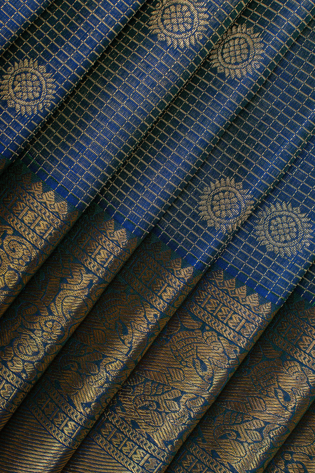 Peacock blue zari checks pure kanchipuram silk saree