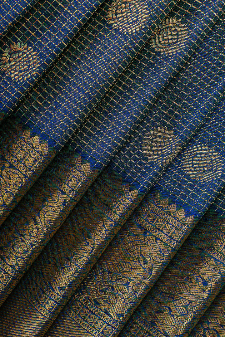 Peacock blue zari checks pure kanchipuram silk saree