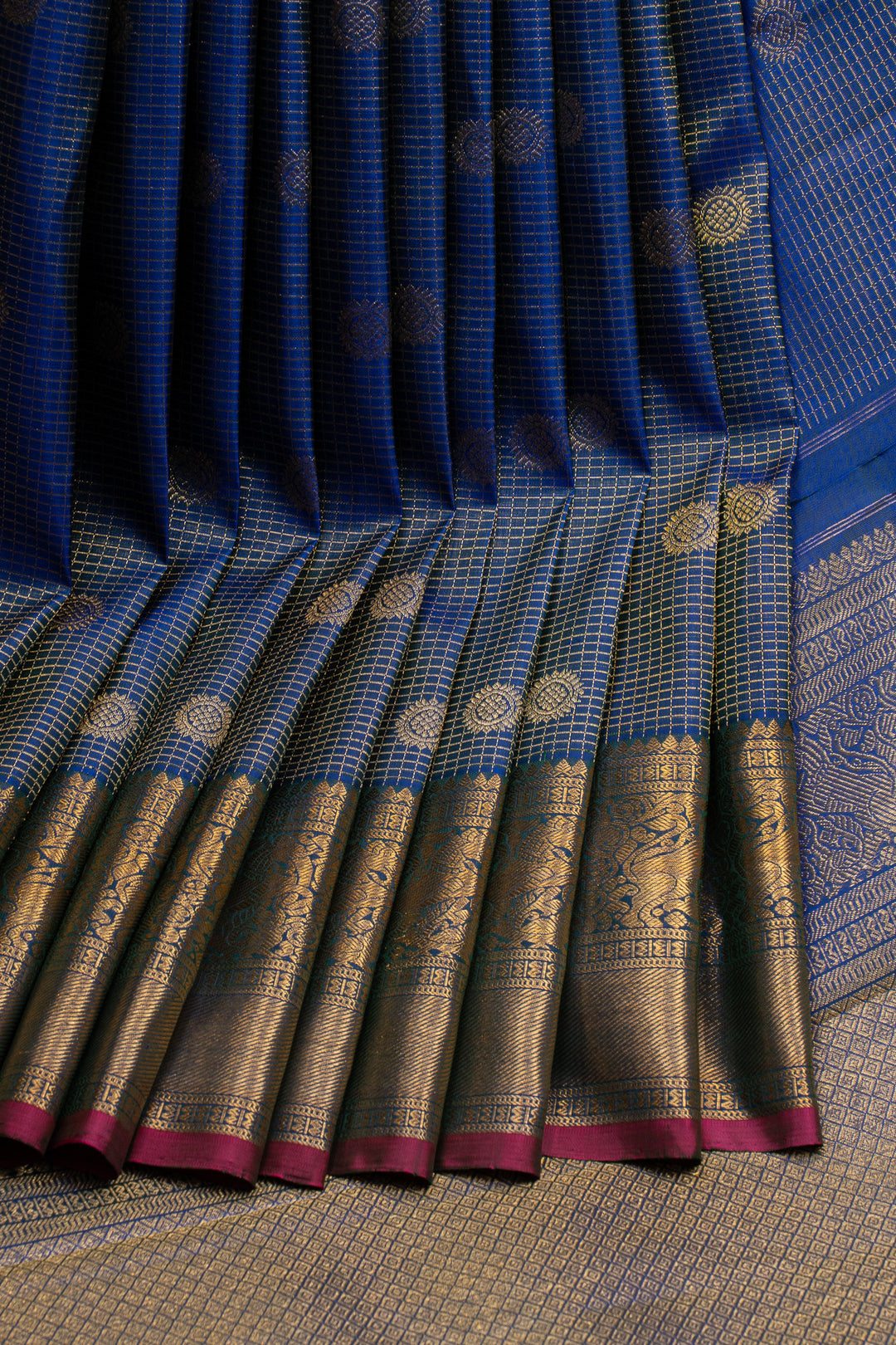 Peacock blue zari checks pure kanchipuram silk saree
