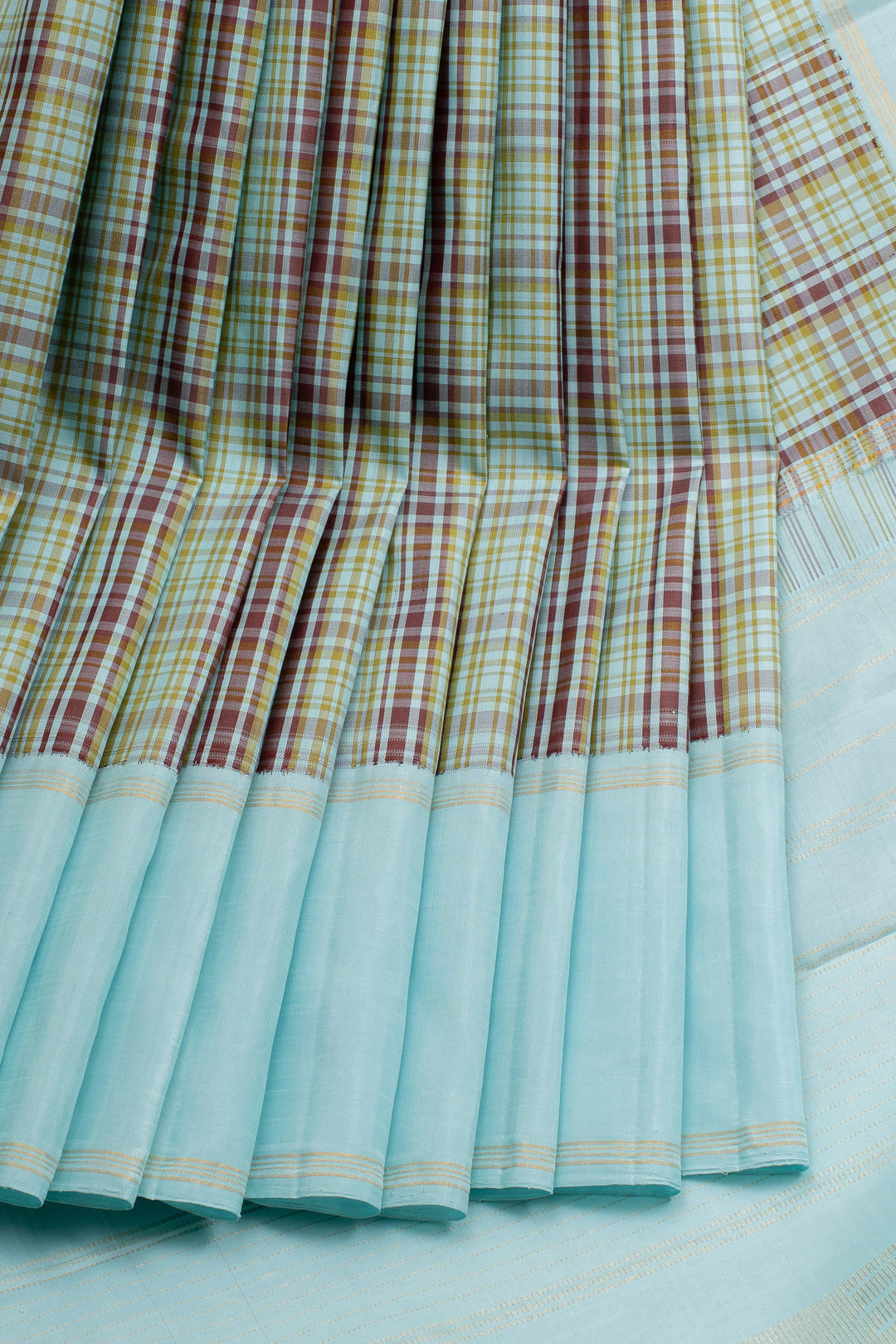 Sky blue brown multi checks pure kanchipuram silk saree