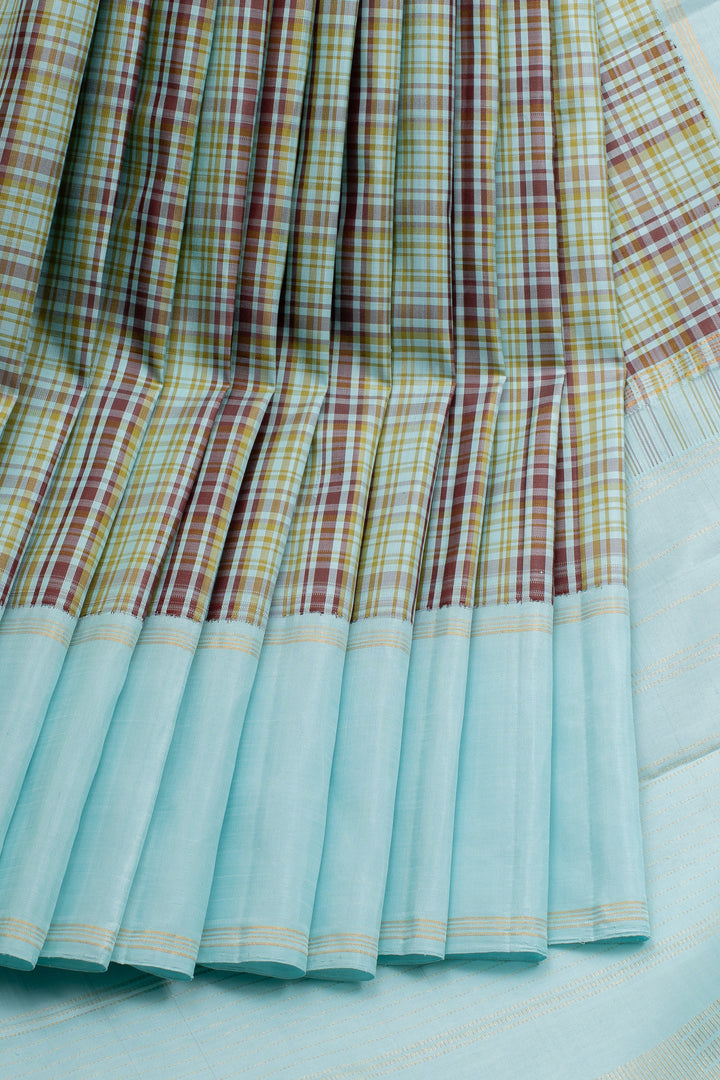 Sky blue brown multi checks pure kanchipuram silk saree
