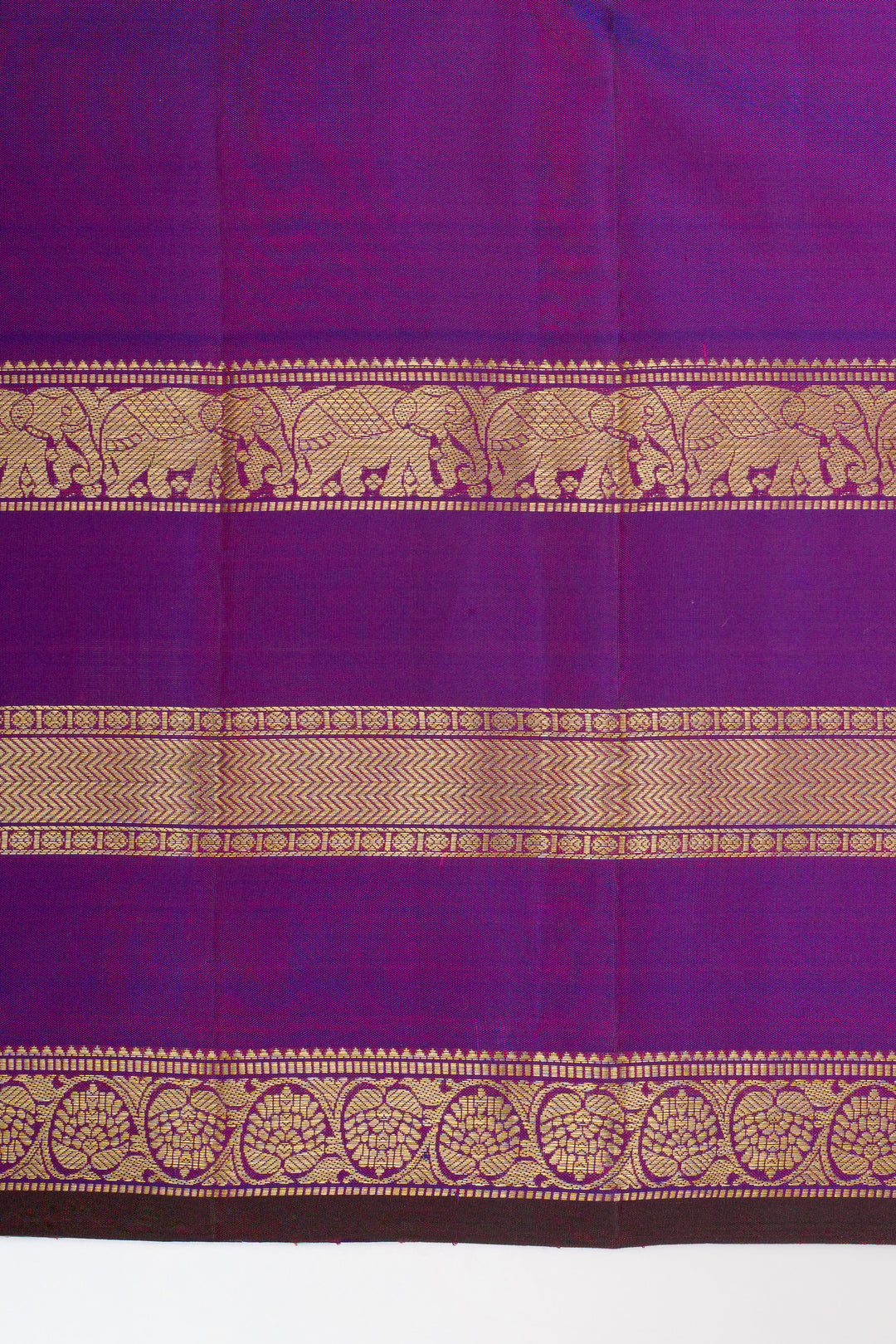 Peach and purple triple border pure kanchipuram silk saree