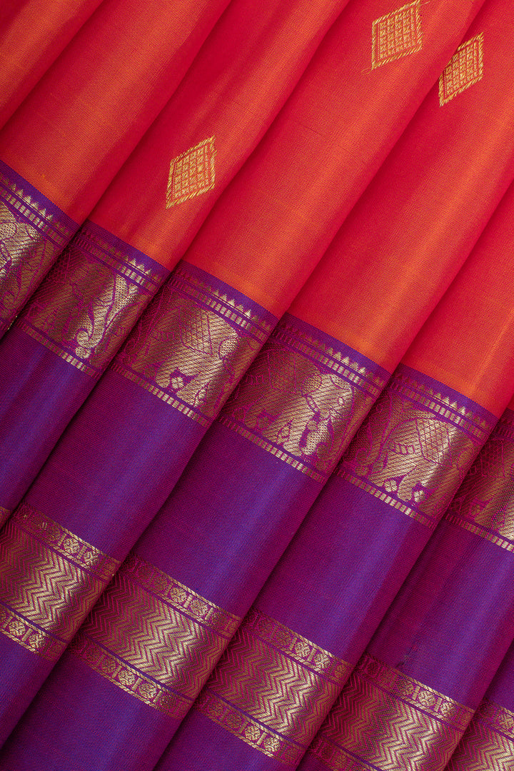 Peach and purple triple border pure kanchipuram silk saree