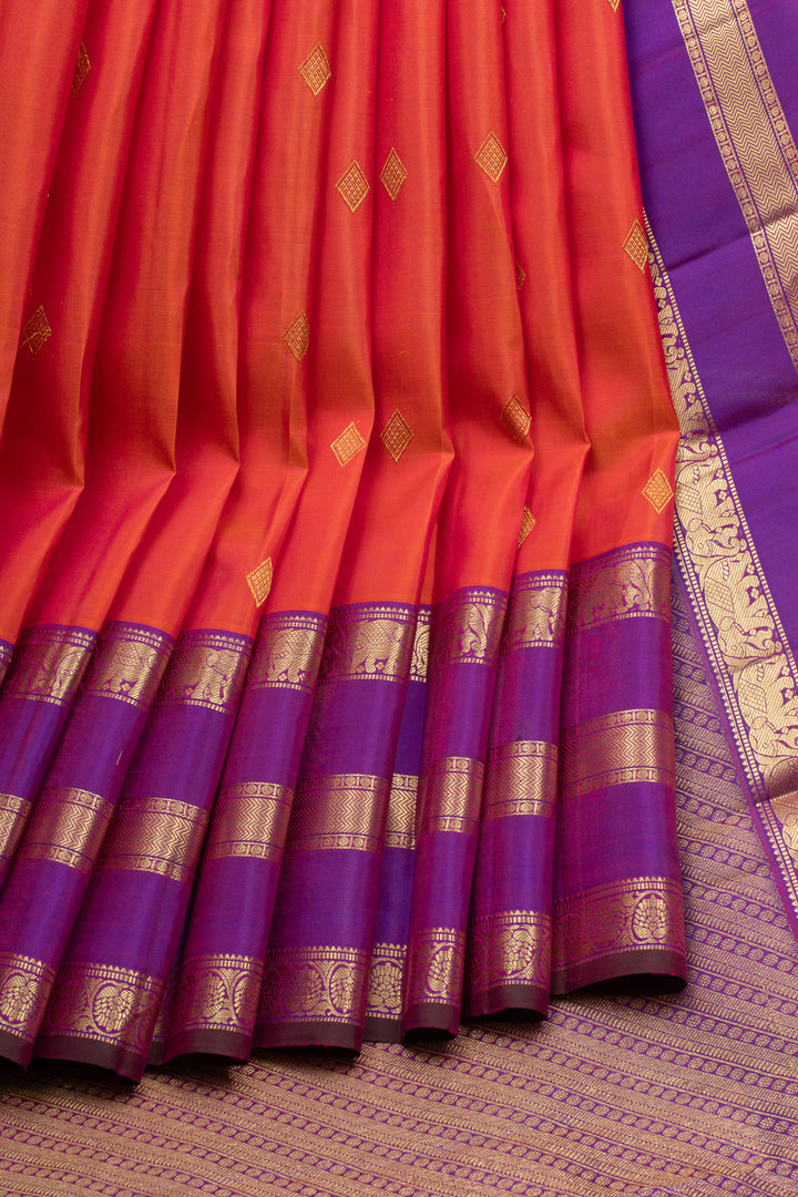 Peach and purple triple border pure kanchipuram silk saree