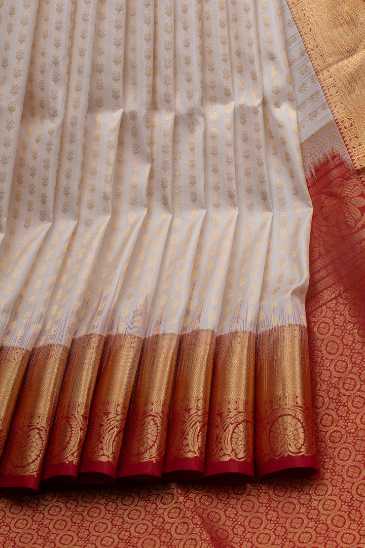 Pearl white and red lakshadeepam brocade pure soft silk saree