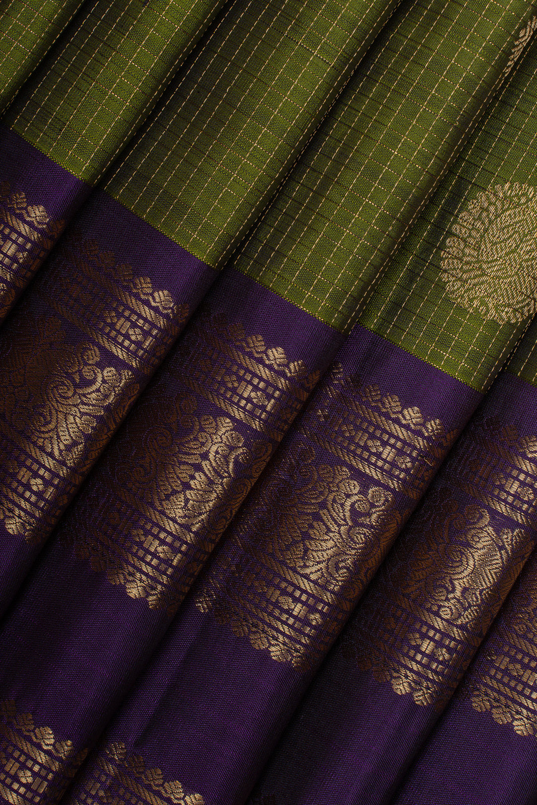 Mehadi green zari checks pure kanchipuram silk saree