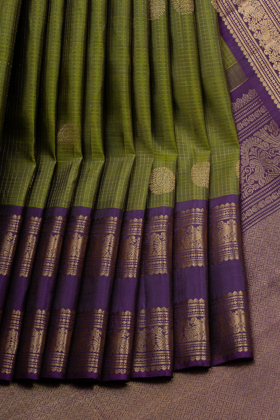 Mehadi green zari checks pure kanchipuram silk saree
