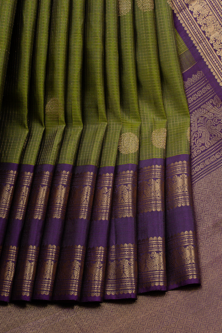 Mehadi green zari checks pure kanchipuram silk saree
