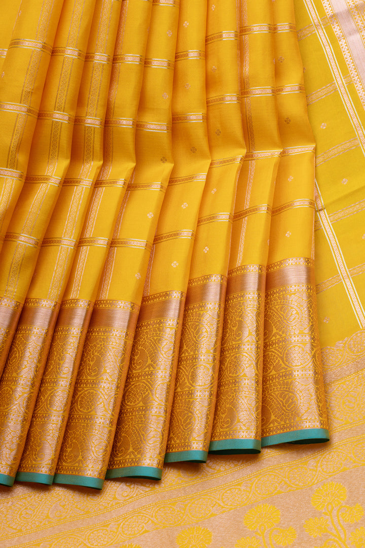Yellow Zari checks pure Kanchipuram silk saree