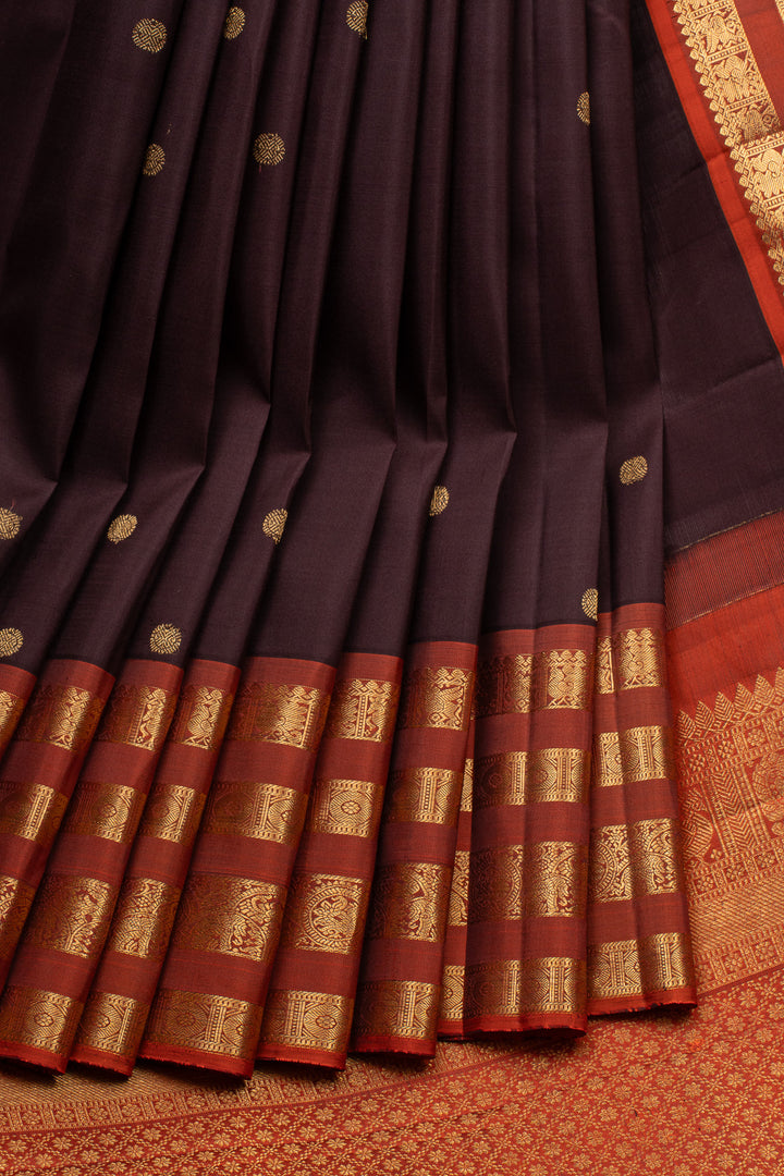 Brown and rust orange varisaipettu  pure kanchipuram silk saree