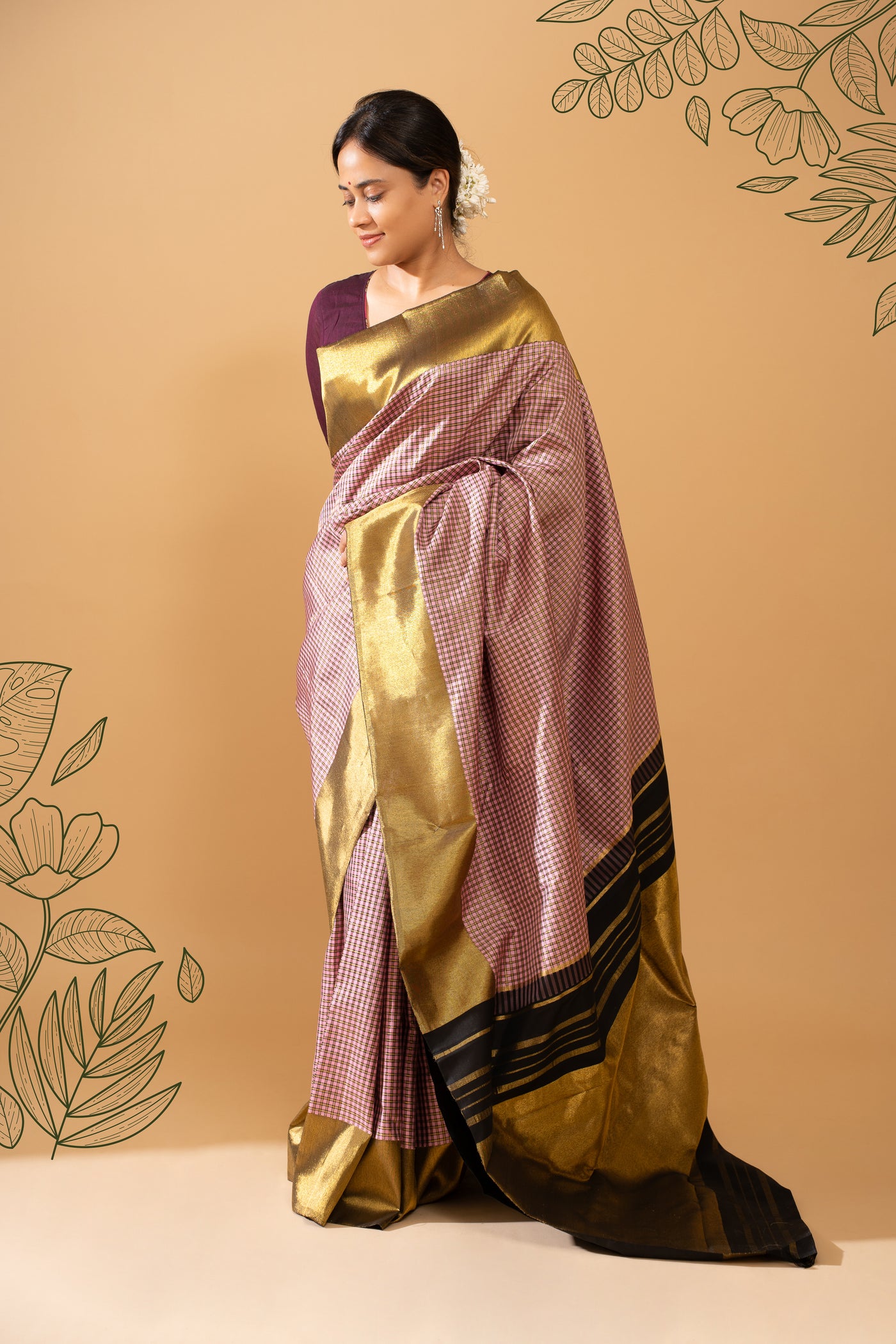 Pink and Black Checks 8 Kol Pure Zari Kanchipuram Silk Saree - Clio Silks