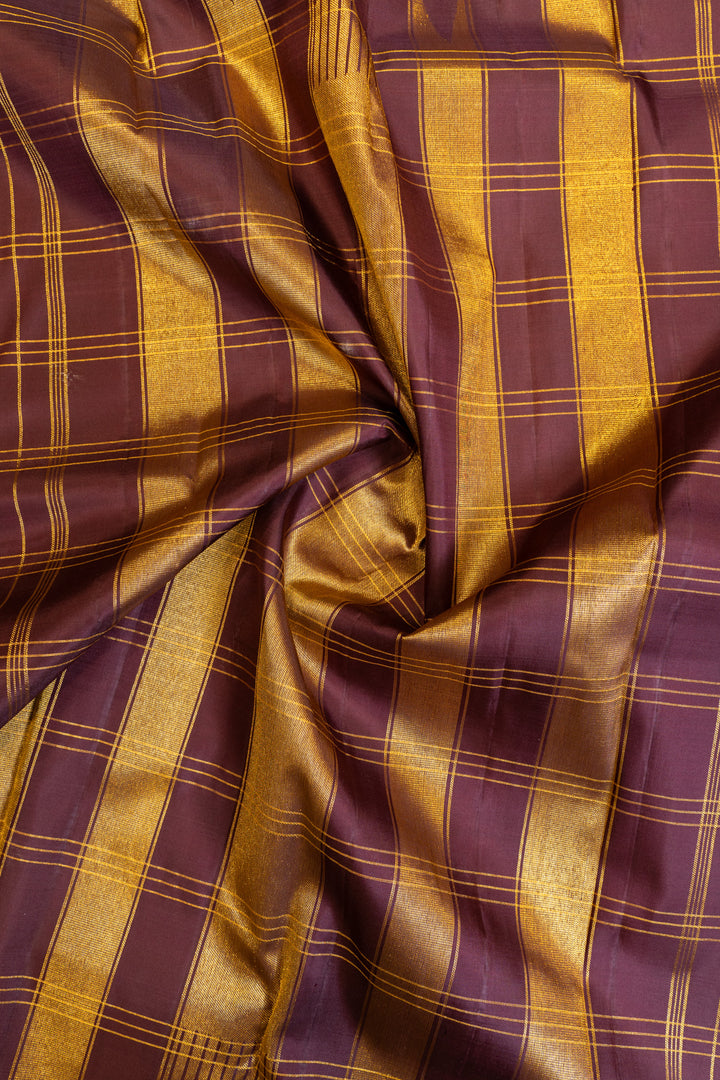 Beige and purple zari checks pure Kanchipuram silk saree