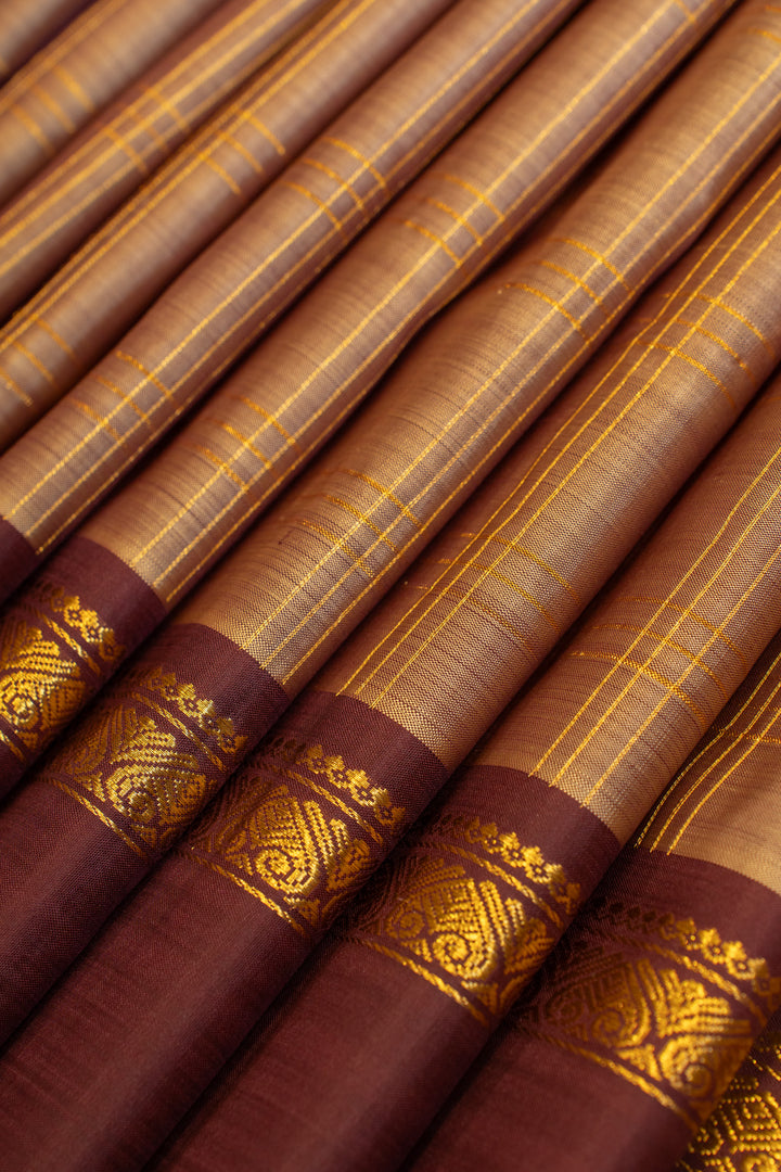 Beige and purple zari checks pure Kanchipuram silk saree