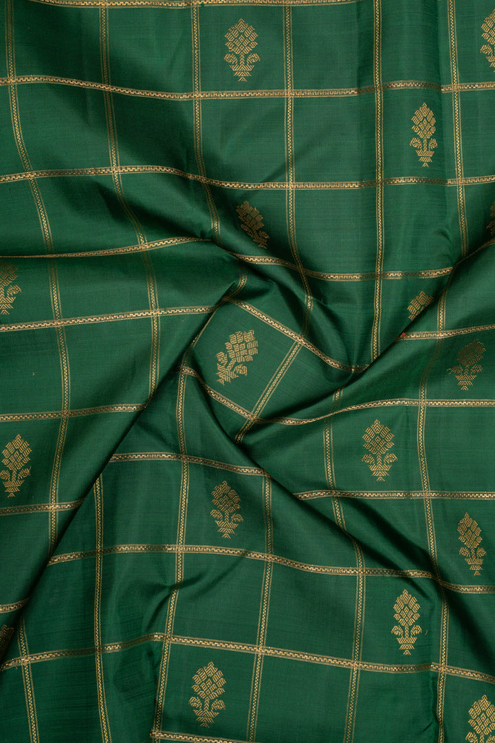 Emerald Green and Royal Purple Jamdani Checks Pure Kanchipuram Silk Saree