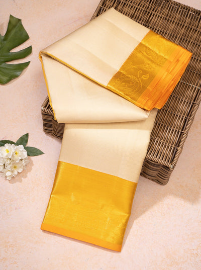 Pearl White and Yellow Muthu Zari Self Pure Kanchipuram Silk Saree - Clio Silks