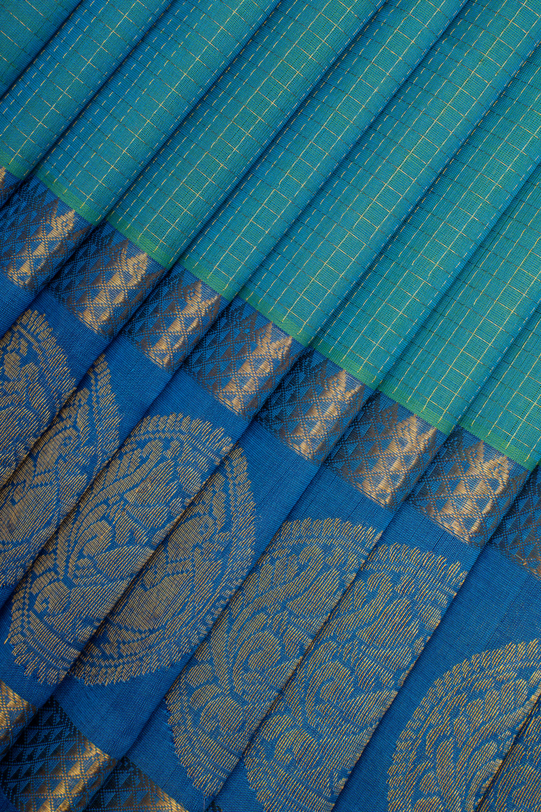 Peacock Blue Checks Pure Silk Cotton Saree
