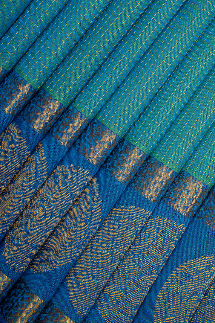Peacock Blue Checks Pure Silk Cotton Saree